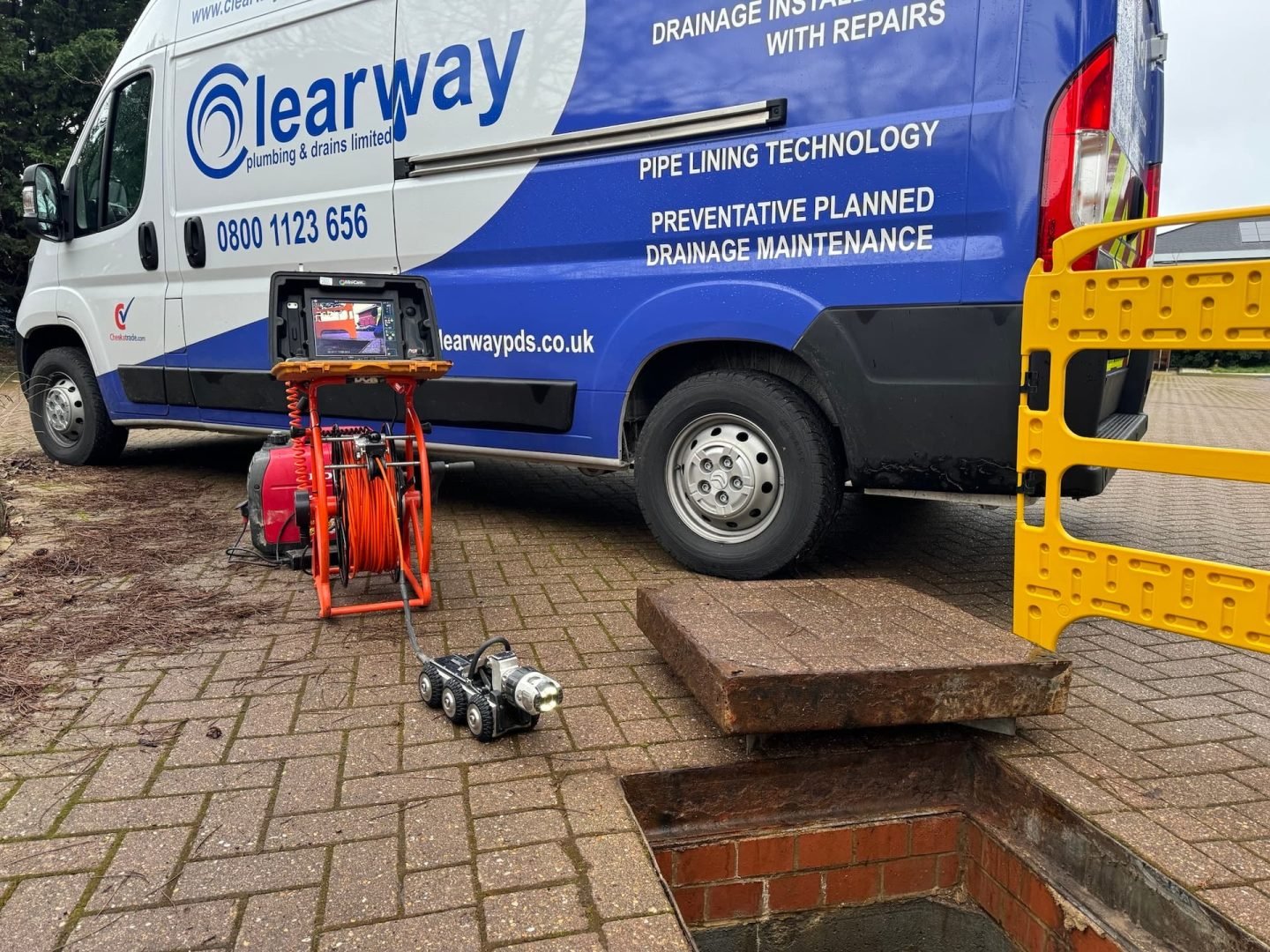 Clearway CCTV drain survey crawler and monitor on site