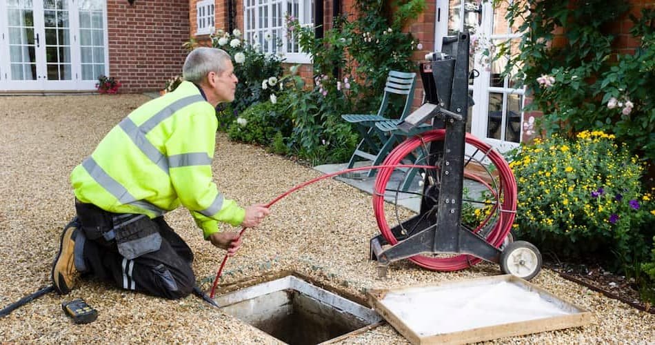 Engineer clearing a blocked drain with professional equipment